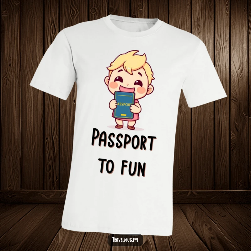 Funny T-Shirt showing a kawaii character with a massive grin, proudly presenting their passport, ready for international travel and fun.