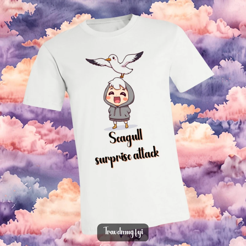 Funny character looking shocked as a cheerful, smiling seagull flies directly at them, a humorous t-shirt.