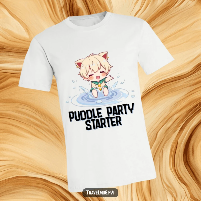 Funny T-Shirt: A character is gleefully splashing around in a small, shimmering puddle, radiating happiness.