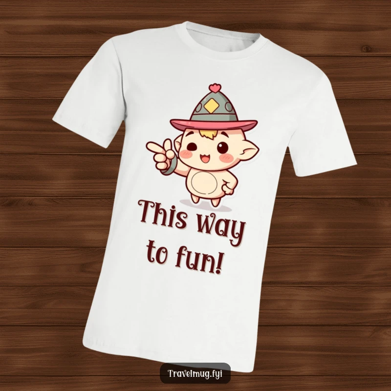 Funny T-Shirt: A character wearing a jaunty hat enthusiastically pointing forward, symbolizing ambition and forward momentum.
