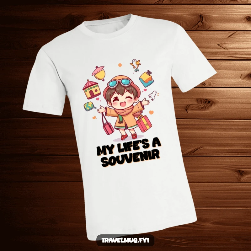 Funny t-shirt design of a character cheerfully juggling various colorful travel souvenirs, radiating playful and humorous wanderlust.