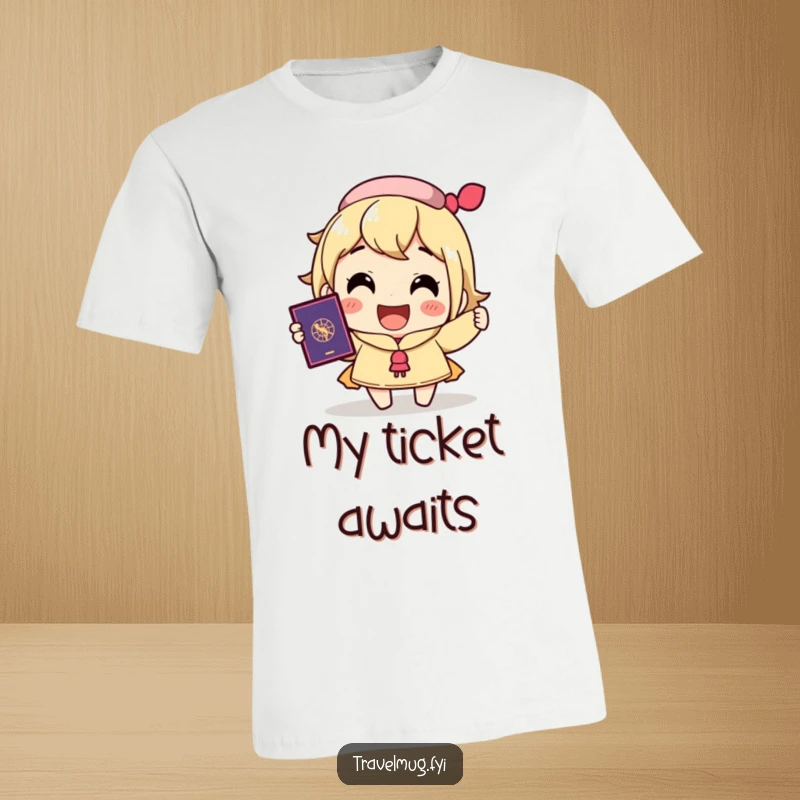 Funny t-shirt featuring a character grinning widely while holding a passport, embodying joyous travel anticipation.