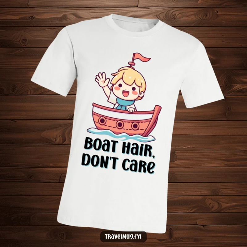 Funny t-shirt featuring a character smiling and waving from a boat, perfect for boat lovers.