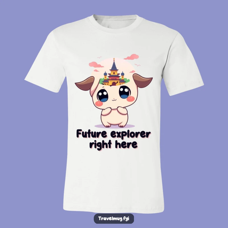 Funny Kawaii Travel Tee: Wide-Eyed Wanderer at Distant Landmark, Great Gift