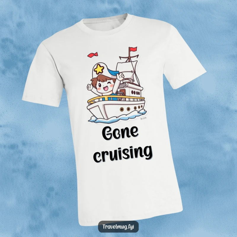 Funny T-Shirt: A happy character waves goodbye with a huge smile from a departing ship, ready for fun.