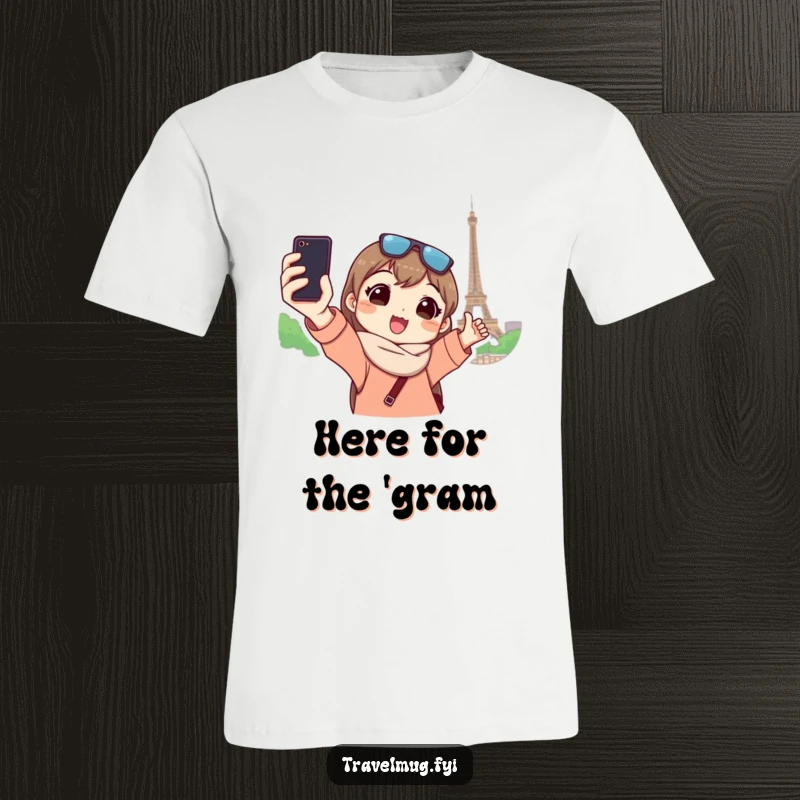 Funny t-shirt depicts a character taking a selfie with a famous landmark, radiating travel humor and a playful attitude.