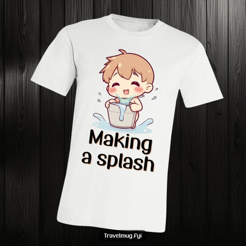 Funny t-shirt with a character in mid-splash, playfully using a tiny bucket, capturing a moment of pure, lighthearted joy.