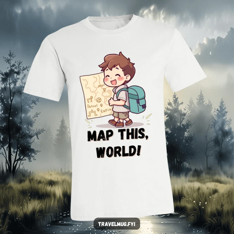 Funny T-Shirt: A character with a backpack joyfully looking at a giant map, ready for exploration, ideal for adventurers.