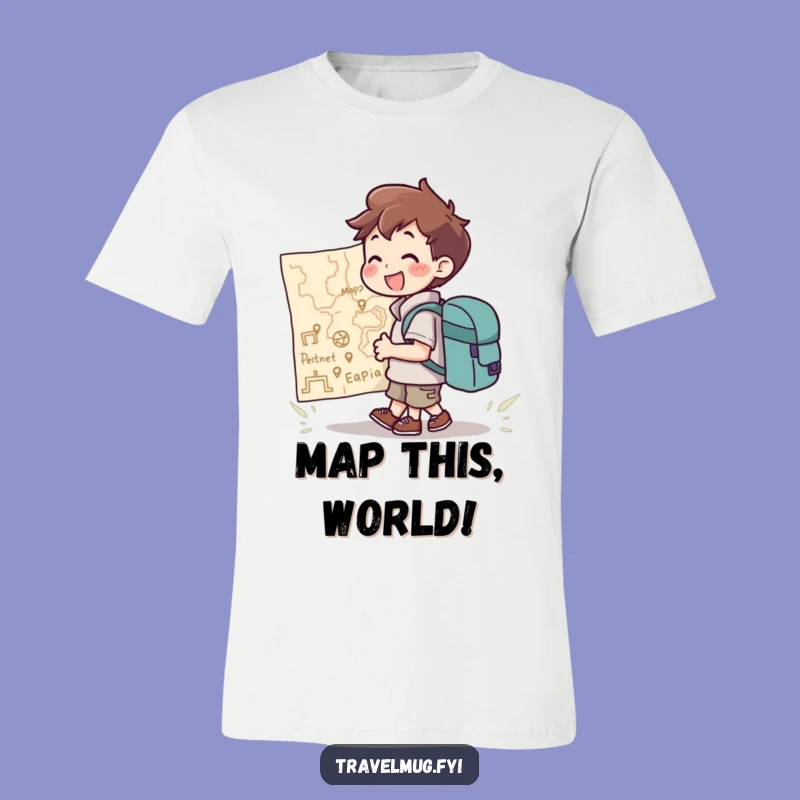 Funny T-Shirt: Backpack Character Joyfully Eyes Giant Map, Excellent Funny Travel Gift!