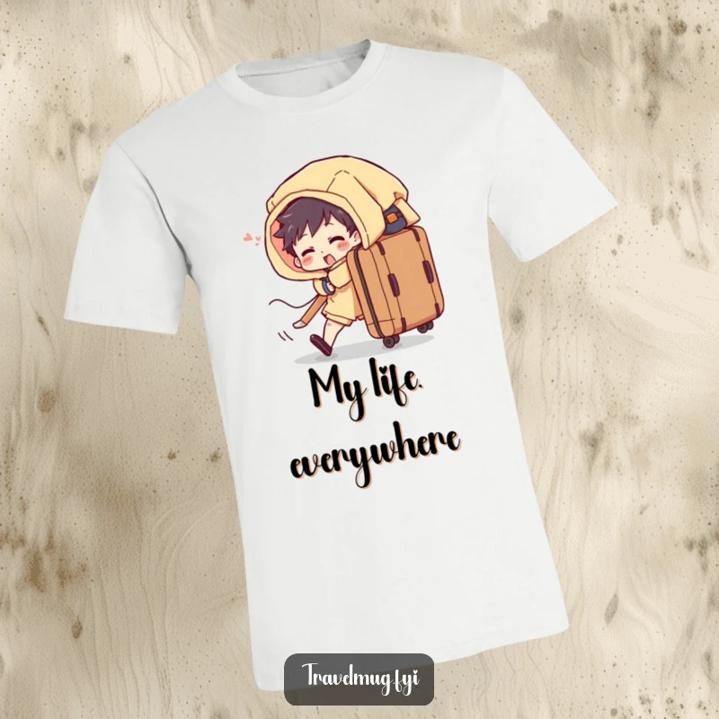 Funny t-shirt depicts a character comically wrestling with a bursting suitcase, highlighting travel packing humor.