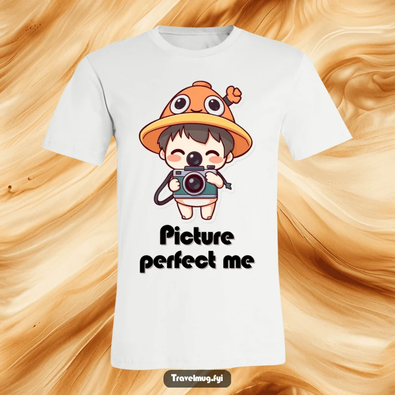Funny t-shirt featuring a character in a comical hat holding a camera, ready to capture amusing scenes.