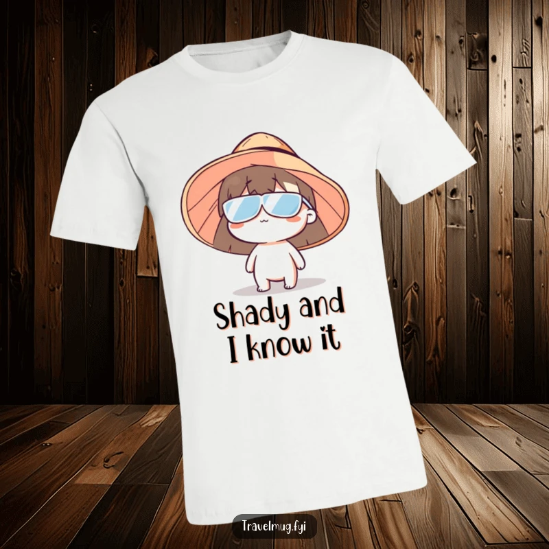 Funny oversized sun hat t-shirt, character humorously hiding behind a massive sun hat, ideal for a funny beach or summer gift.