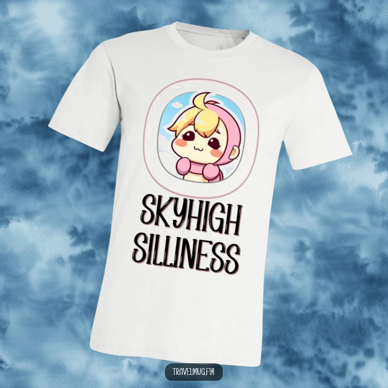 Funny T-Shirt with a kawaii character making a silly, exaggerated face while peering out an airplane window, enjoying the flight view.