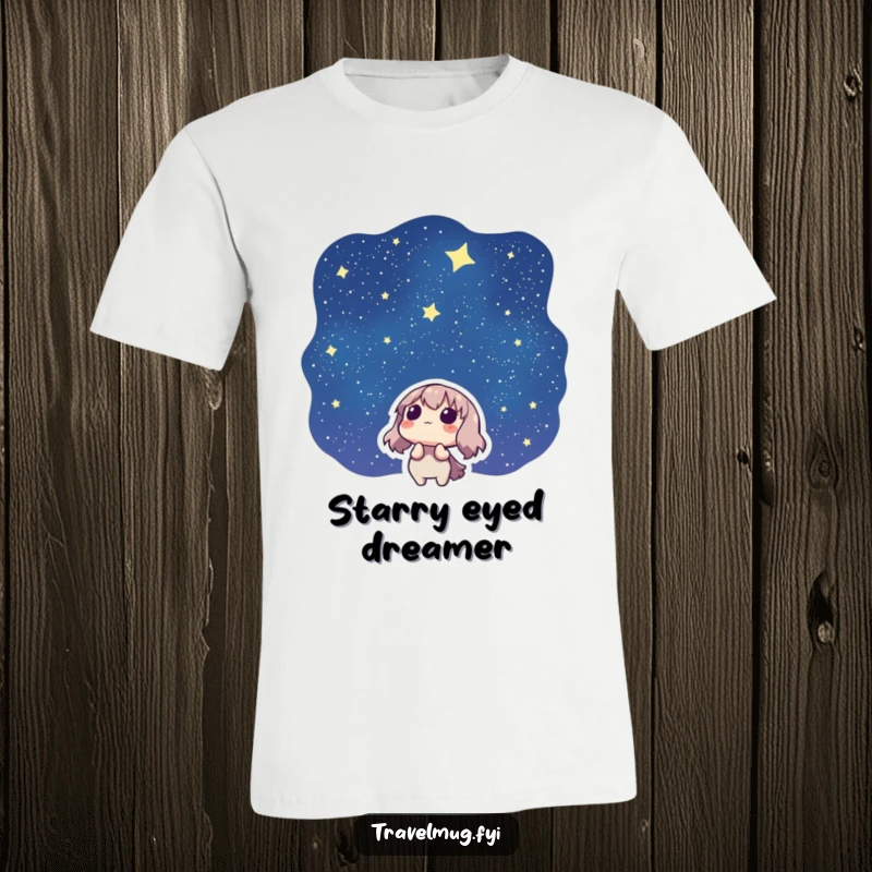 Funny t-shirt featuring a character looking up at a starry night sky with a sense of wonder and amazement.