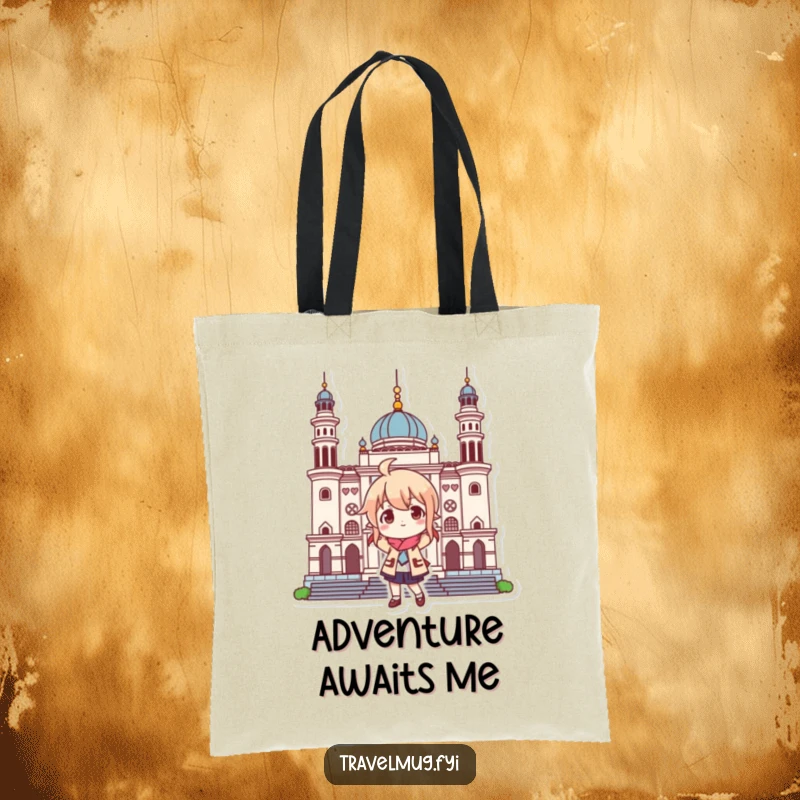 Funny tote bag with a character posing playfully at a landmark, great for carrying items and showing off travel humor.