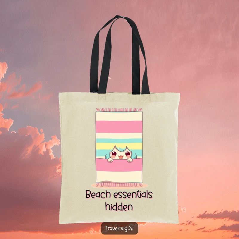 Funny beach towel tote bag, a character peeking excitedly from behind a large striped beach towel, great for beach trips.