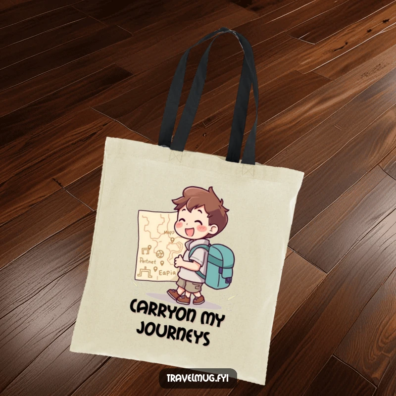 Funny Tote Bag: A character with a backpack joyfully looking at a giant map, perfect for carrying essentials on any adventure.
