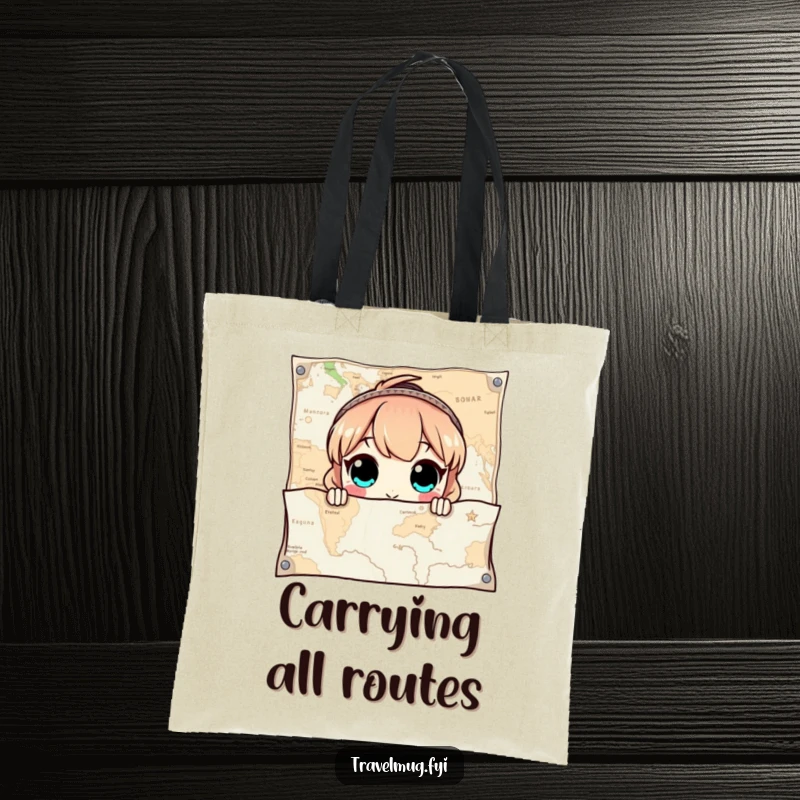 Funny Tote Bag depicting a character with wide eyes peeking out from behind a giant map, perfect for carrying exploration essentials.