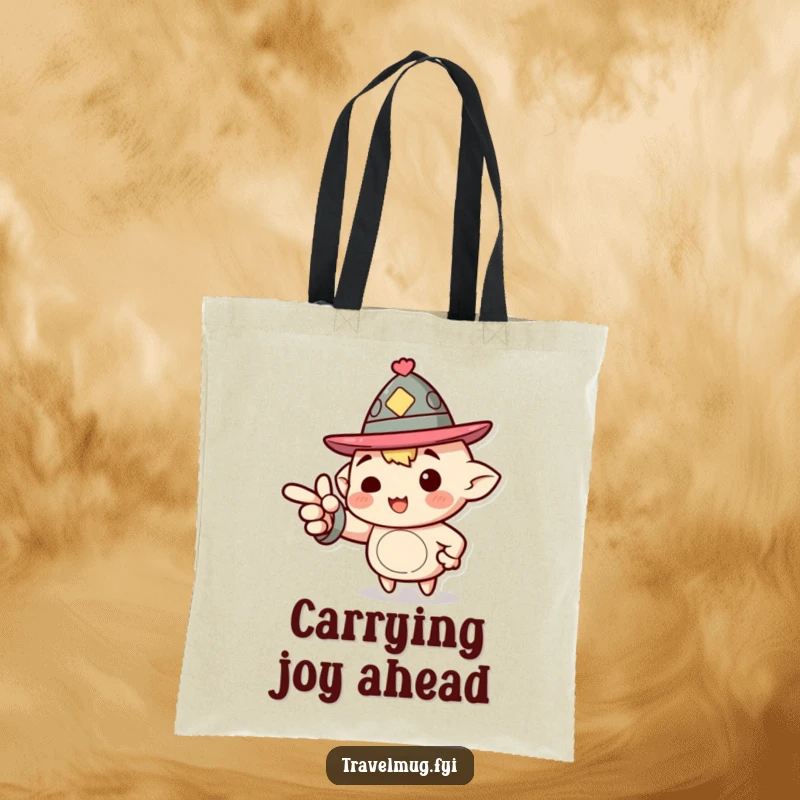 Funny Tote Bag: A character wearing a jaunty hat enthusiastically pointing forward, perfect for carrying items and motivation.