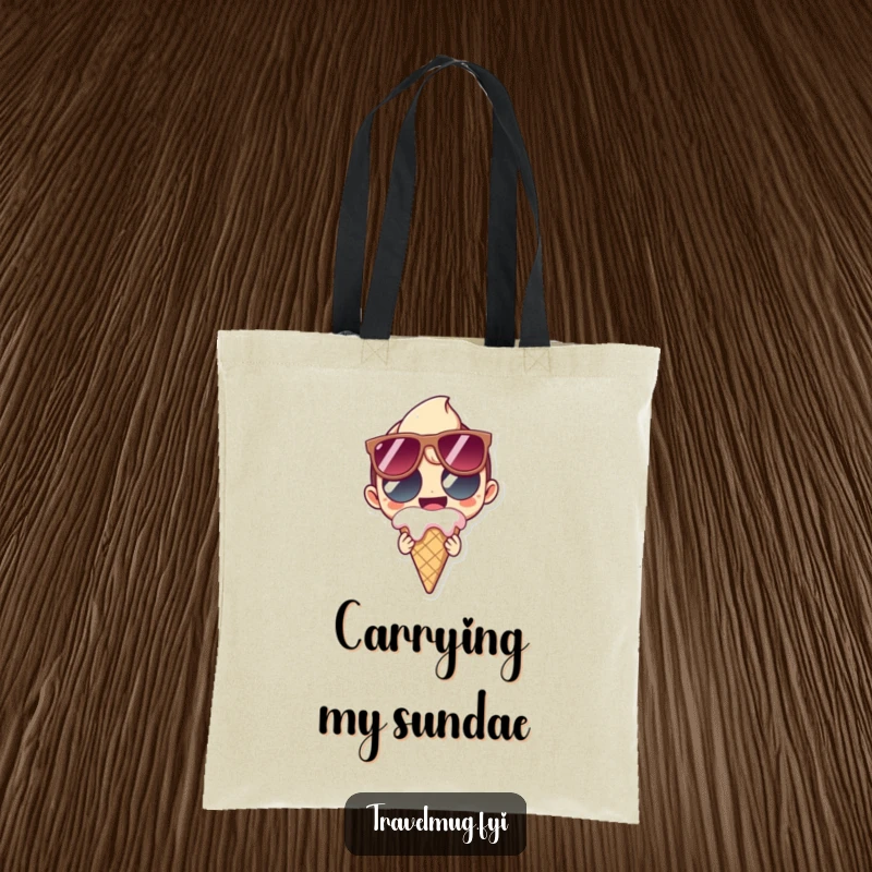 Funny Tote Bag with a character in oversized sunglasses, grinning and holding a melting ice cream cone, perfect for summer outings.