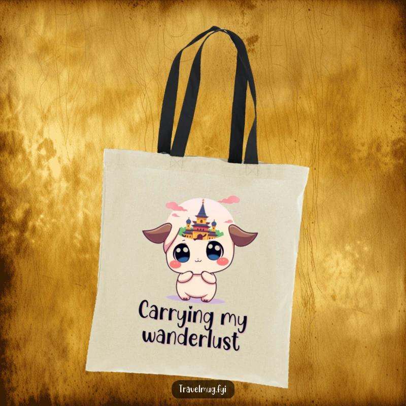 Funny tote bag featuring a wide-eyed kawaii character admiring a colorful, distant landmark, perfect for carrying treasures and dreams.