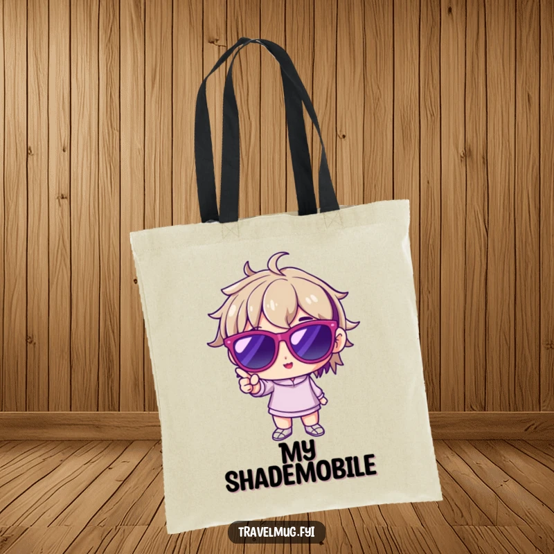 Funny tote bag with a character wearing oversized sunglasses, striking a pose, perfect for carrying daily items with a touch of playful chic.