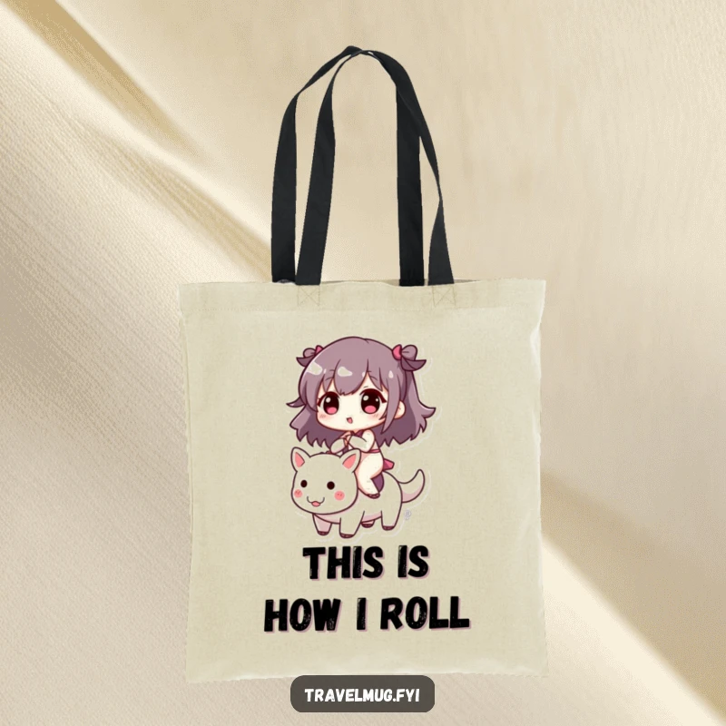 Funny tote bag showing a cute character excitedly riding a small, whimsical creature, perfect for errands and expressing joy.