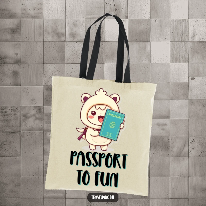 Funny Kawaii Tote Bag, a cute character holding a passport, perfect for travel documents and daily use.