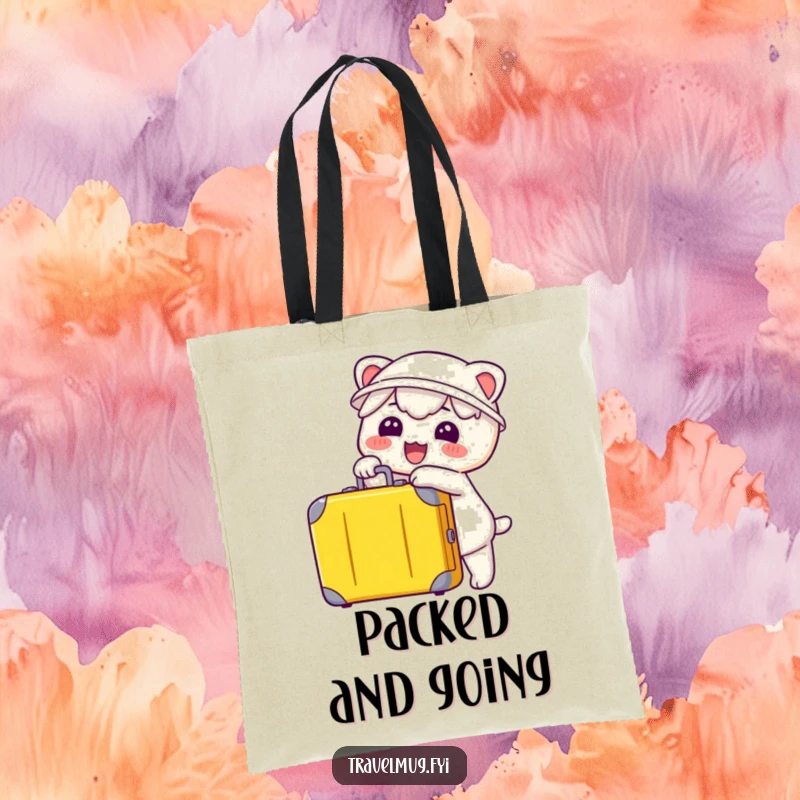 Funny Kawaii Tote Bag, a cute character gleefully pointing at a travel suitcase, perfect for carrying travel gear.