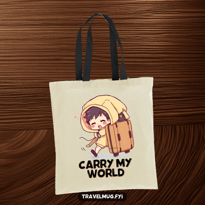 Funny tote bag shows a character struggling with an overflowing suitcase, combining practicality with packing humor.