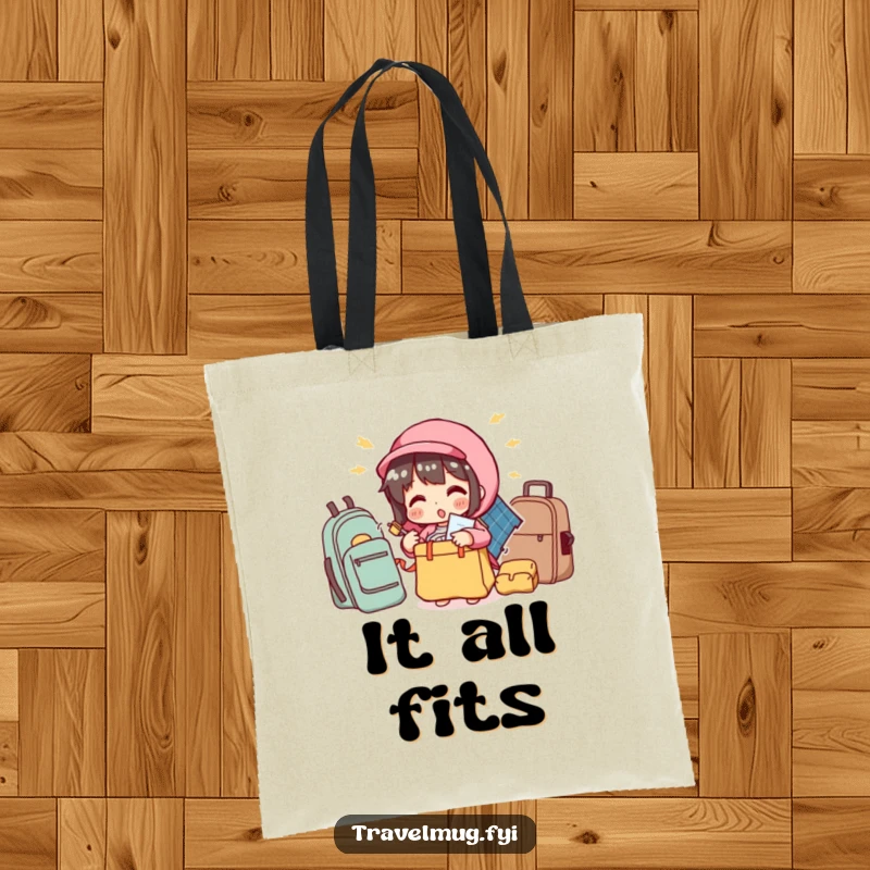 Funny tote bag showing a character comically trying to pack too many items into a small bag, a humorous travel accessory.