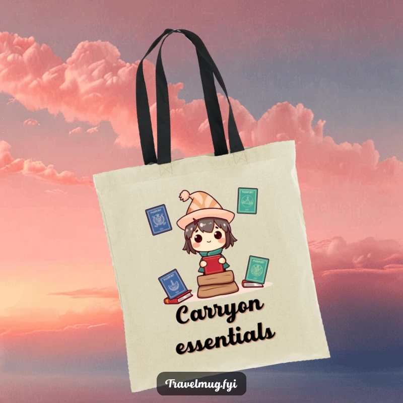 Funny Tote Bag: A character wearing a silly hat balances several international passports, perfect for travel.