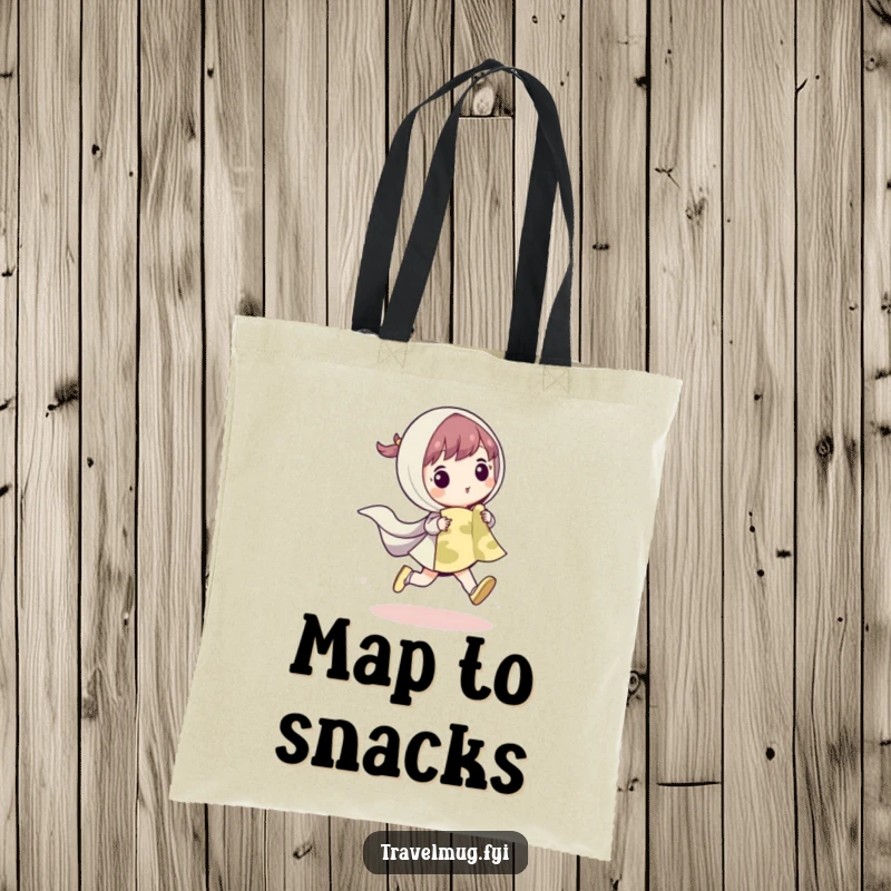 Funny tote bag depicting a cute character skipping with a map, ideal for carrying essentials for any adventure.