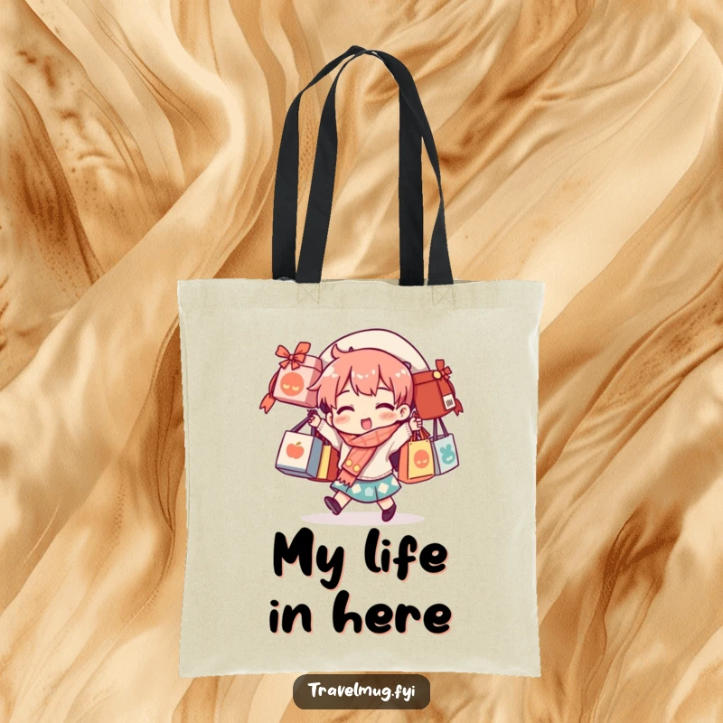 Funny tote bag showcasing a character in a comical pose, overloaded with souvenir bags, ideal for shoppers.