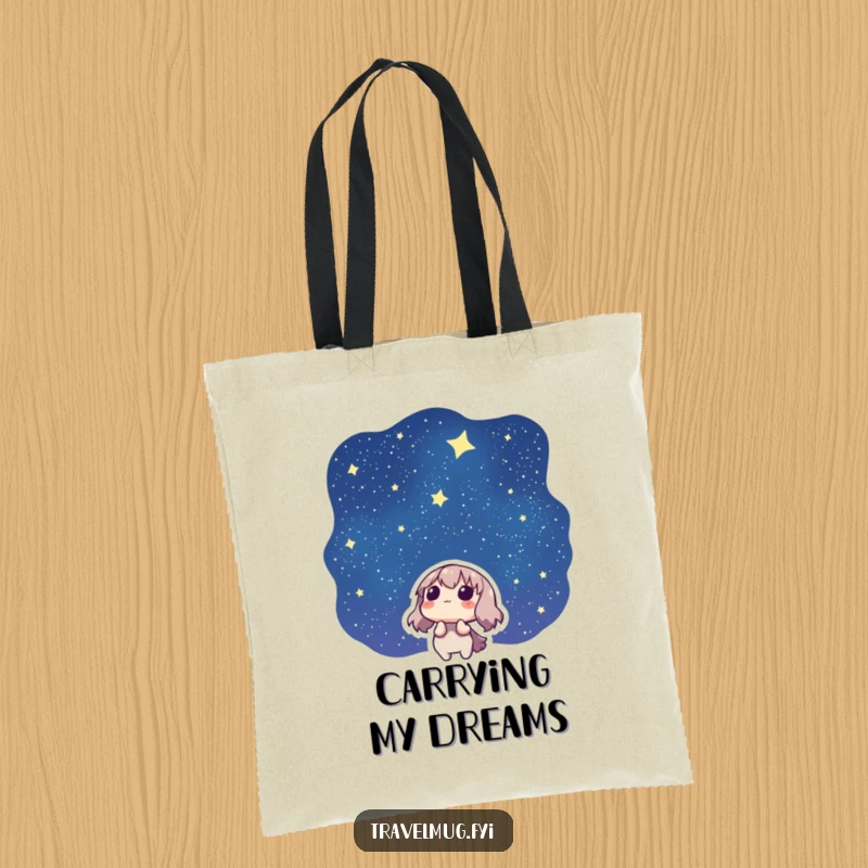Funny tote bag showing a character looking up at a starry night sky, symbolizing dreams and wonder.