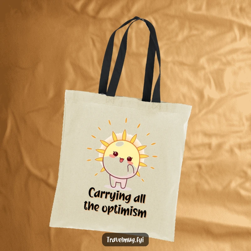 Funny Tote Bag with an eager character pointing towards a shining sun, perfect for carrying daily items with a dose of humor.