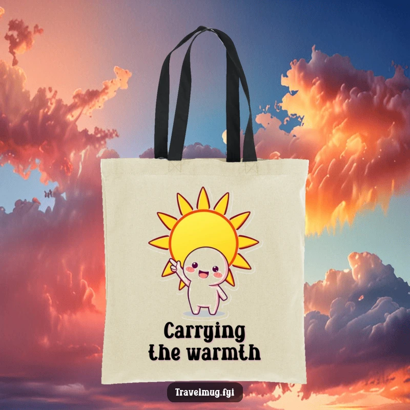 Funny tote bag featuring a cheerful character pointing at a bright sun, a humorous and practical accessory for sunny dispositions.