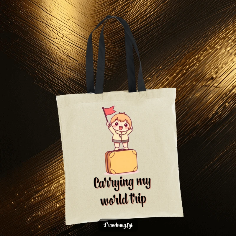 Funny Tote Bag depicting a character excitedly waving a tiny flag while standing atop a suitcase, perfect for travel essentials.