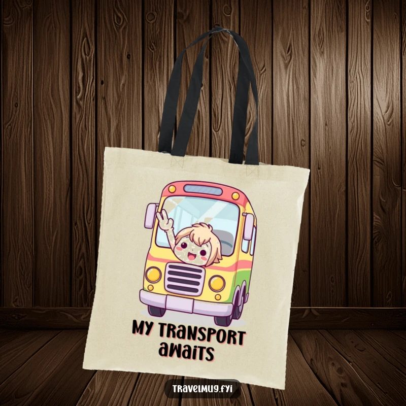 Funny tote bag showing a cute character flagging down an imaginary, colorful bus with great enthusiasm.