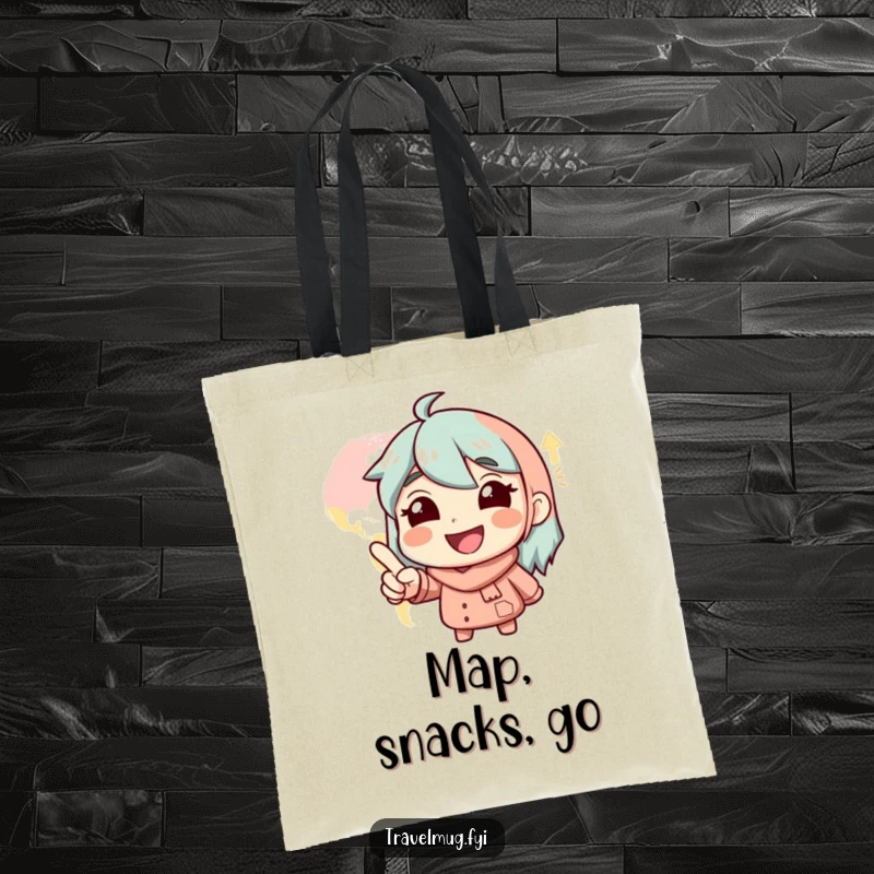 Funny Tote Bag: A smiling character points with pure glee at a world map, planning their next trip.