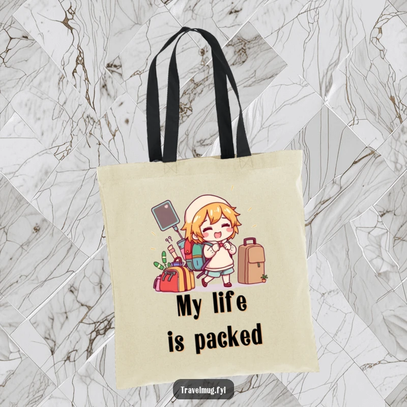 Funny tote bag with a character gleefully packing a backpack overflowing with strange and comical objects for a journey.