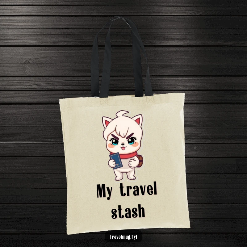 Funny tote bag showcasing a cute character with a sly grin holding a passport, ready for secret missions abroad.