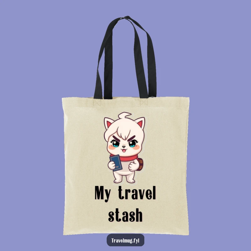 Carry your essentials for any journey! This funny tote bag features a character with a passport and a mischievous grin.