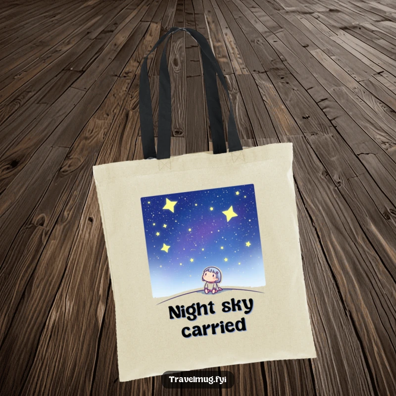 Funny tote bag showcasing a cute character looking up at a mesmerizing starry night sky, full of peaceful wonder.