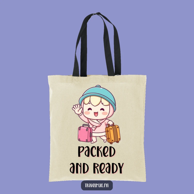 This spacious tote bag features a funny kawaii character joyfully waving goodbye with a suitcase, perfect for carrying your essentials while radiating travel excitement.