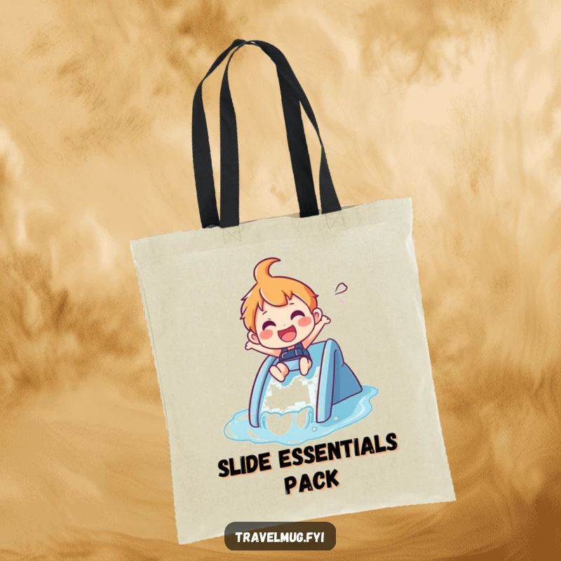 Funny Tote Bag: A joyful character zips down a small waterslide, embodying summer excitement.