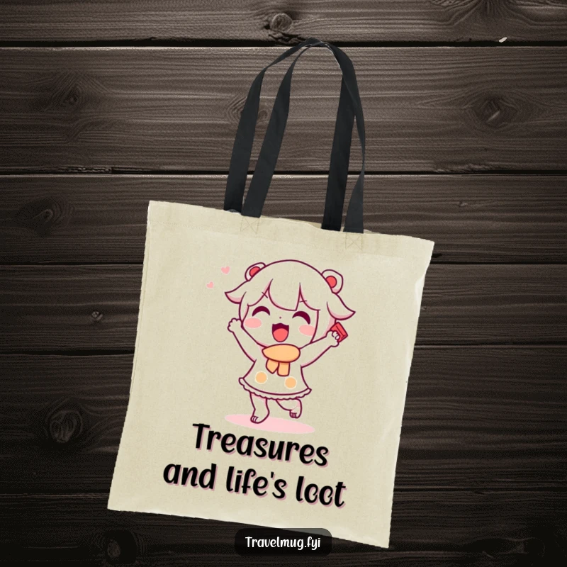 Funny Kawaii character tote bag depicting a cute character doing a happy dance with a souvenir, ideal for shopping and travel.